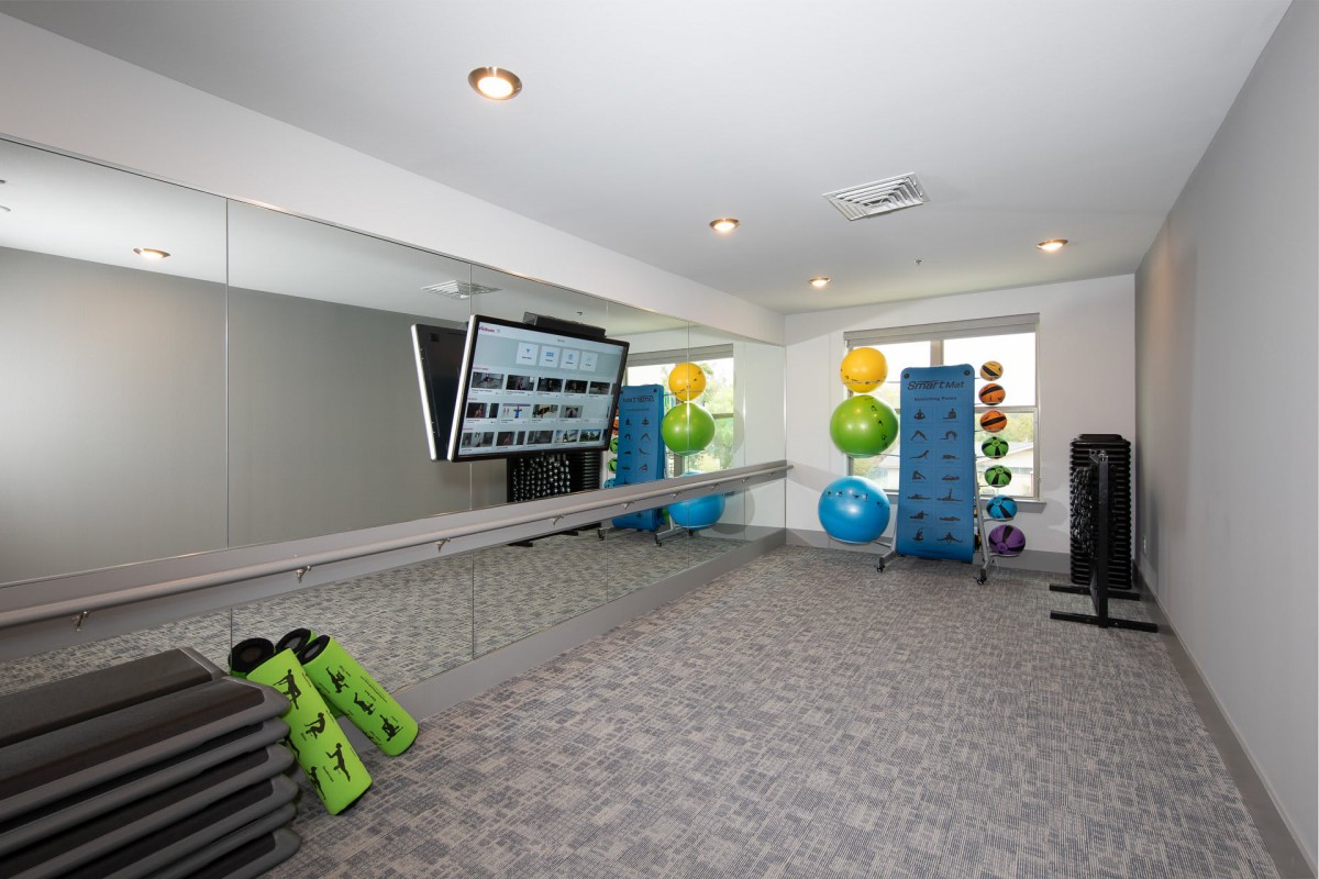 A well-equipped exercise room with mirrors, fitness equipment, and colorful exercise balls.