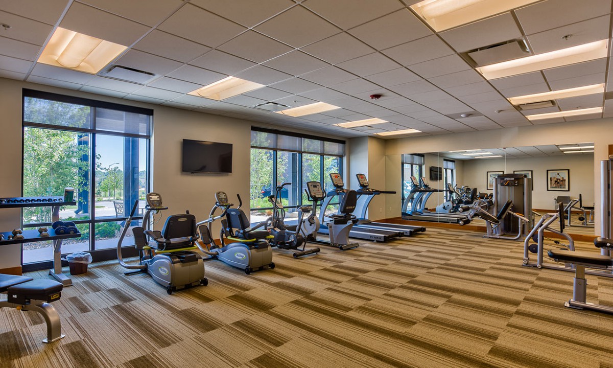 A modern gym equipped with treadmills, exercise bikes, and large windows.