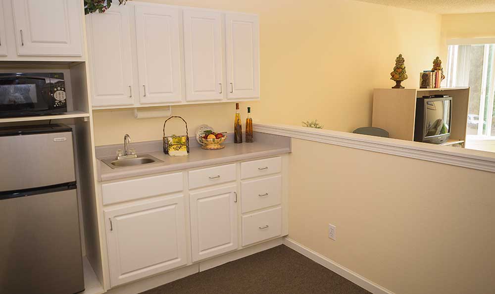 A small kitchen area with white cabinets and a countertop, featuring a sink and decorative items.
