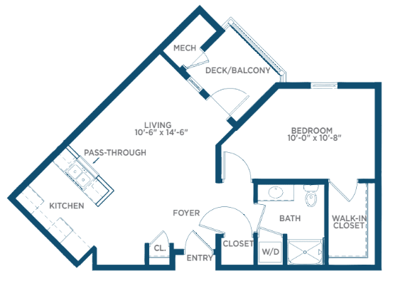 A layout of a one-bedroom apartment with labeled rooms and measurements.