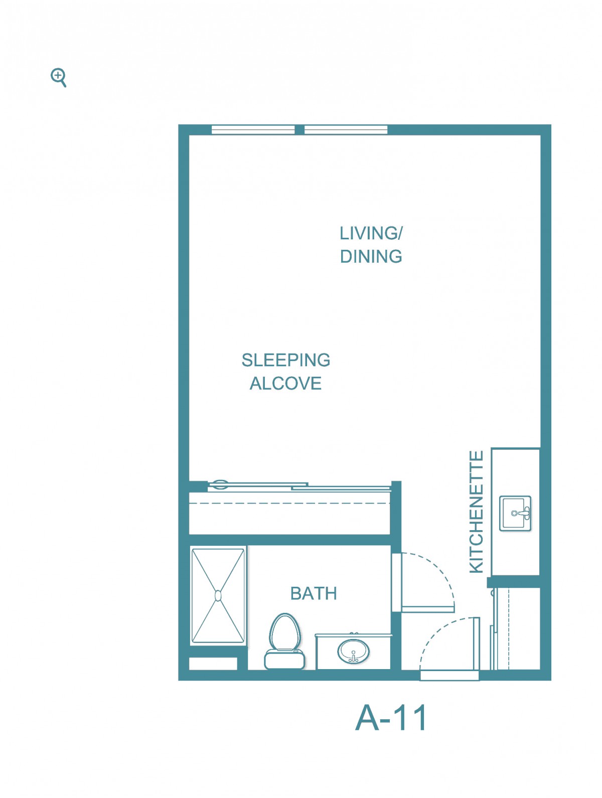 Studio apartment floor plan with living/dining area, sleeping alcove, kitchenette, and bathroom.