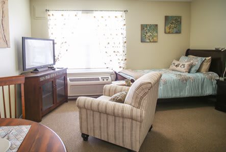 A cozy living space featuring a TV, armchair, and bed with natural light coming through the window.