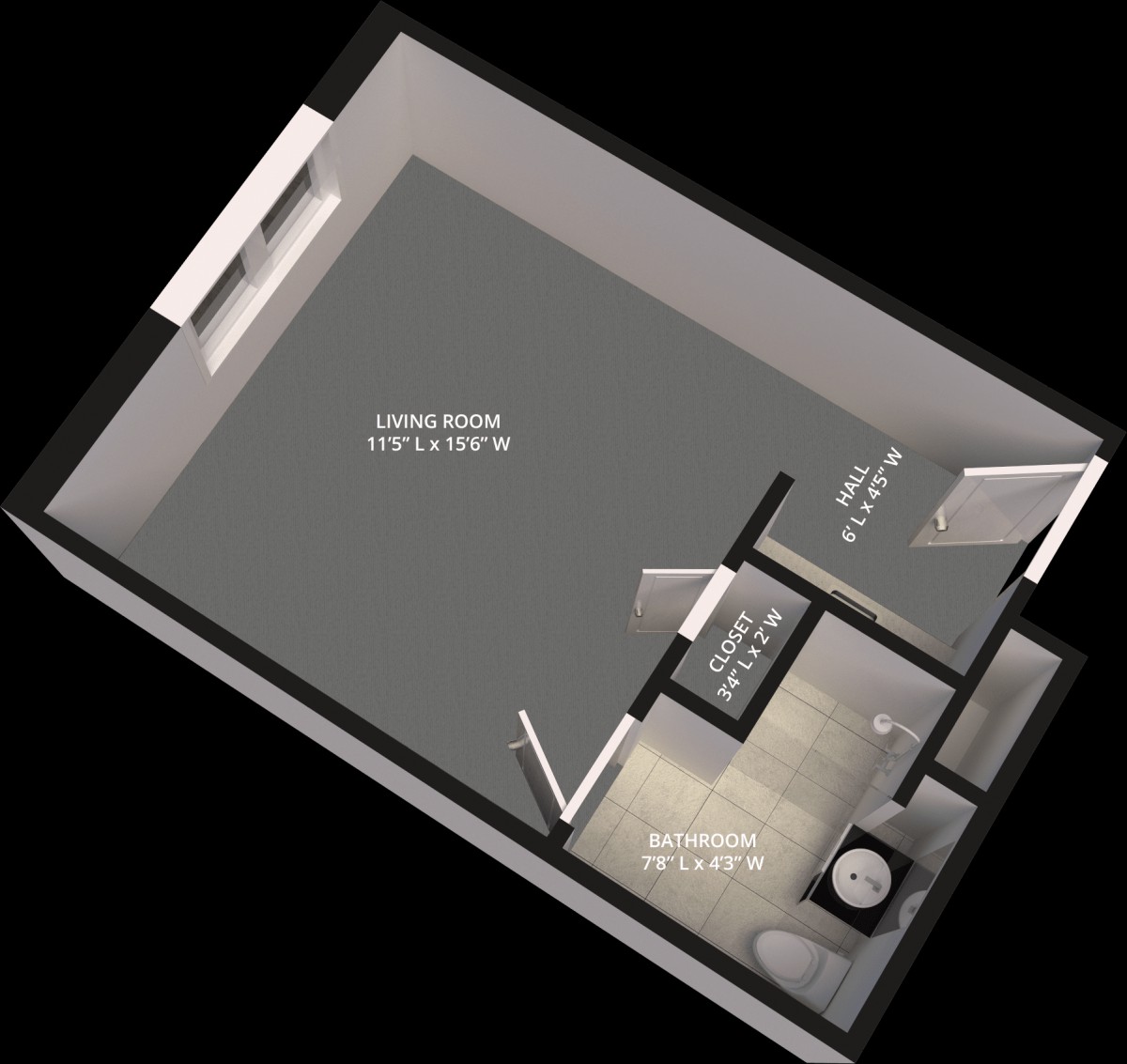 A 3D floor plan of an apartment with labeled rooms, showcasing the layout and design.