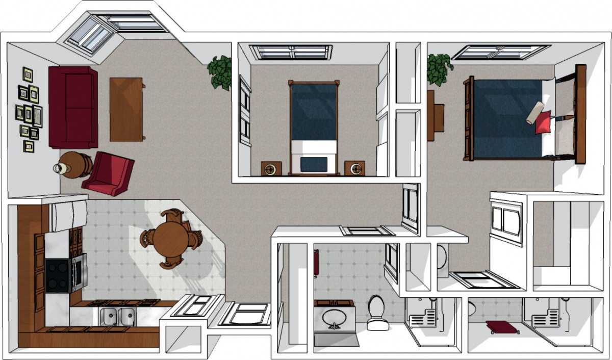 A detailed floor plan of an apartment showcasing the layout and furniture placement.