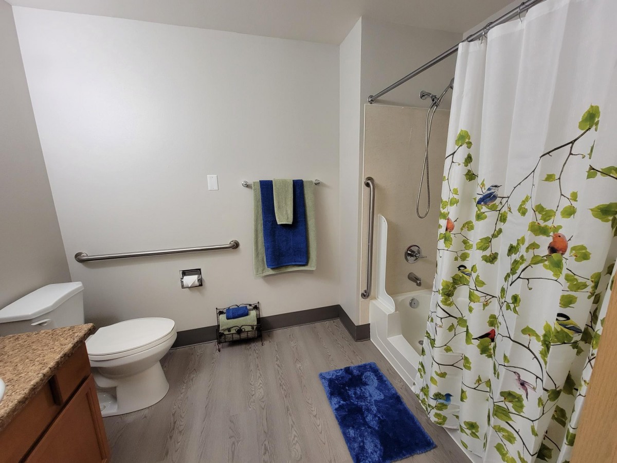 A clean and organized bathroom with a shower, toilet, and blue accents.
