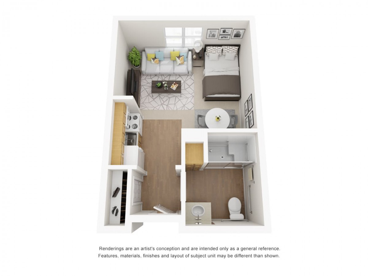 A compact studio apartment layout featuring a bedroom area, kitchenette, and bathroom.