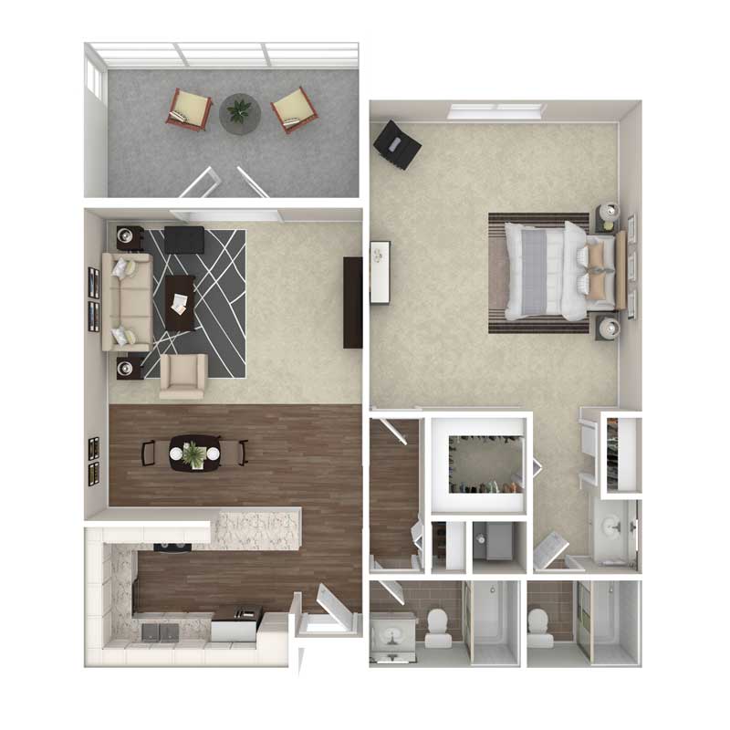 A top-down view of a one-bedroom apartment floor plan featuring a living area, kitchen, bathroom, and balcony.