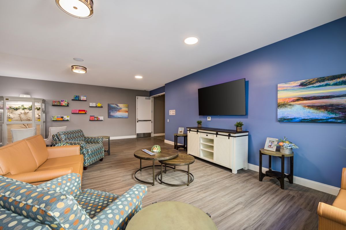 Modern living room with blue accent wall and comfortable seating.