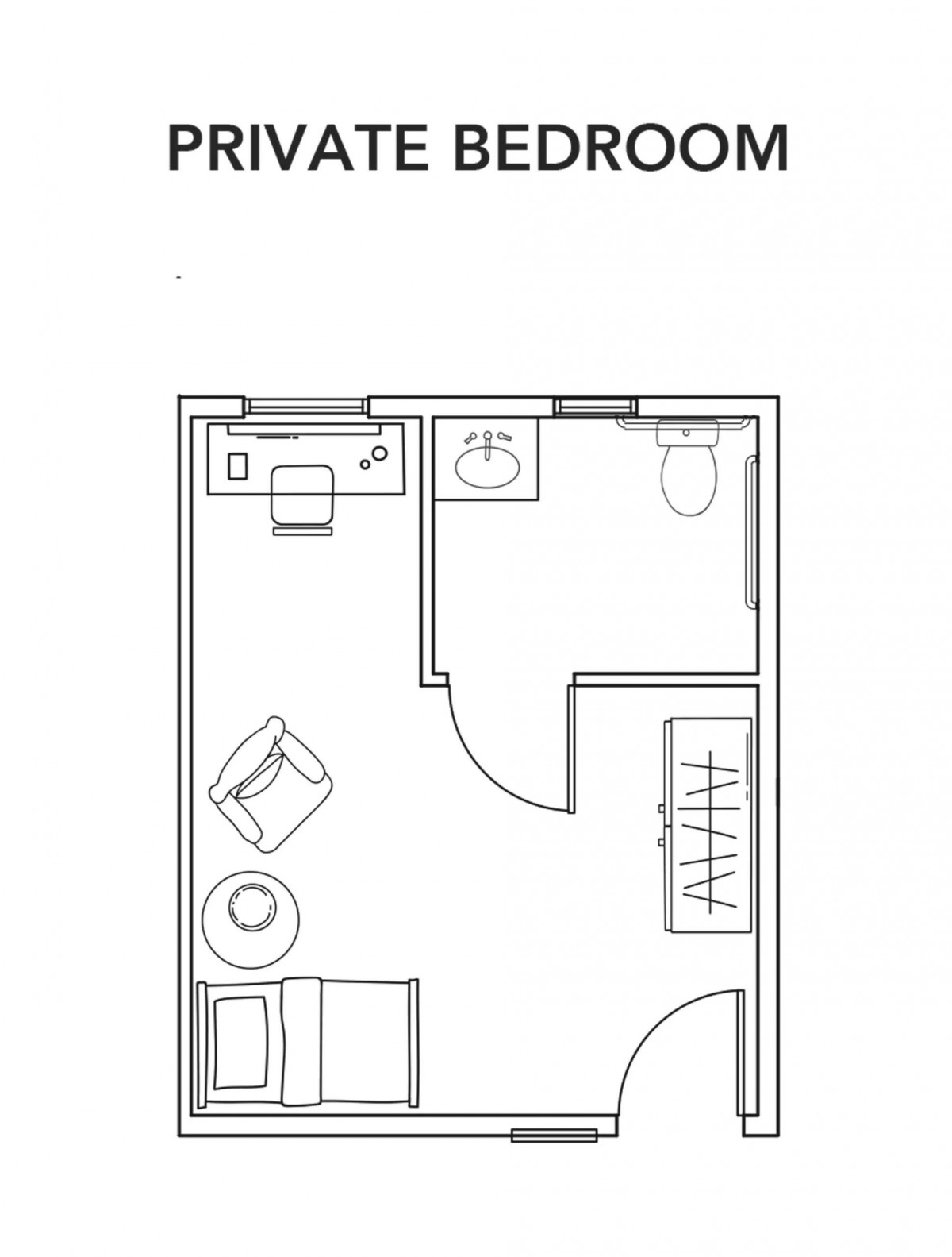 A floor plan of a private bedroom showing the layout and furniture arrangement.