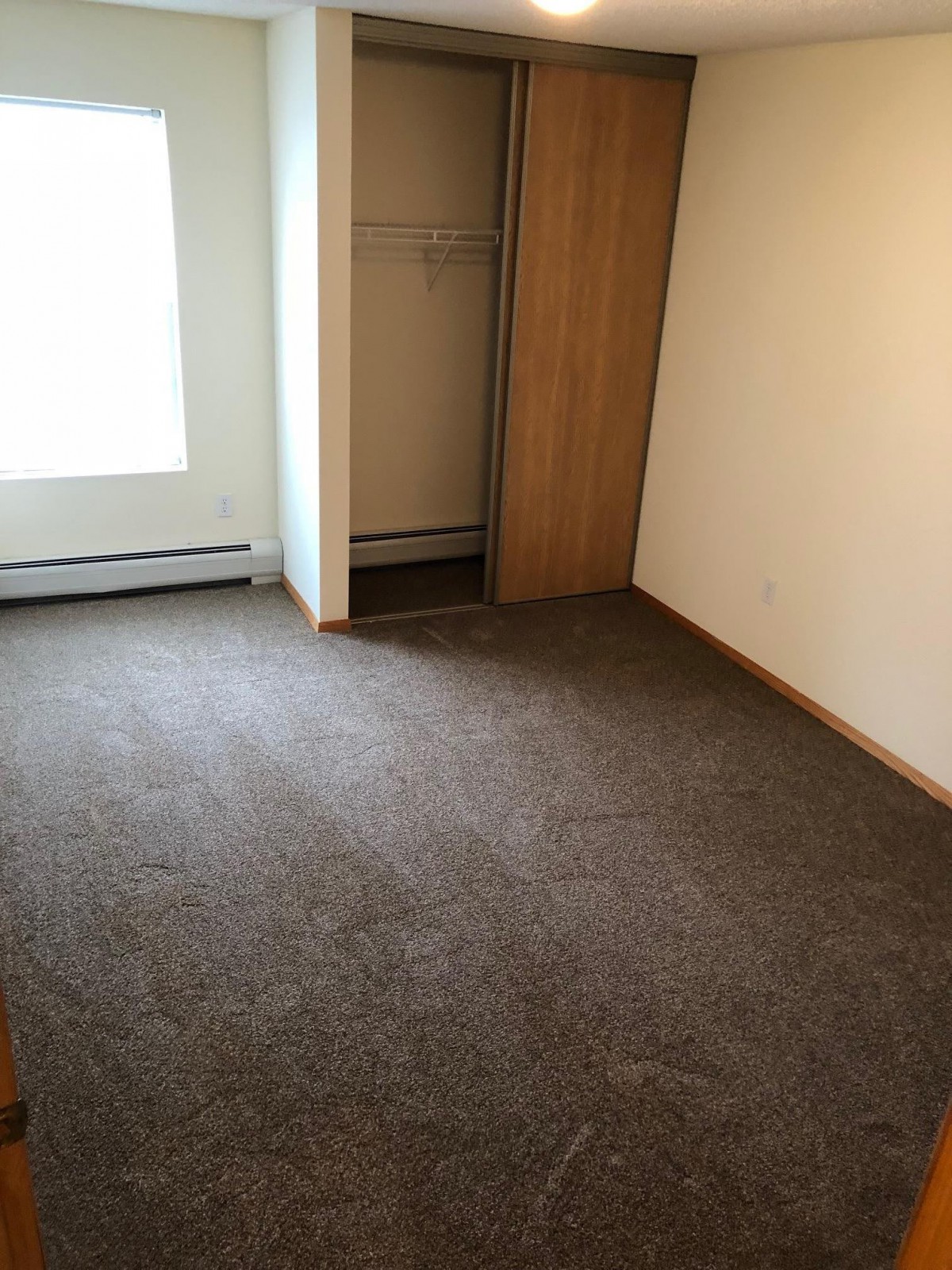An empty room with carpet flooring, a closet, and a window.