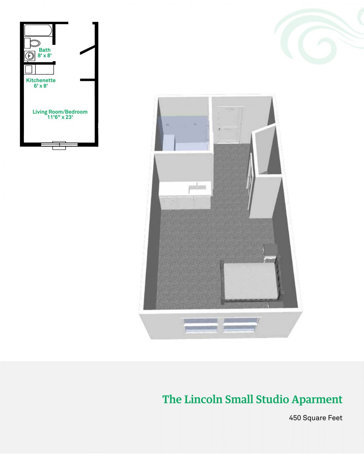 3D floor plan of a Cascade small studio apartment.