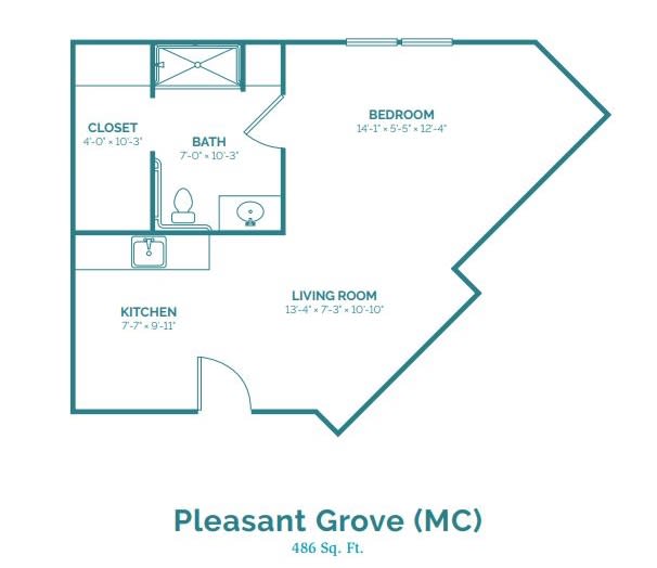 Floor plan of Pleasant Grove (MC) apartment, showing a layout including living room, kitchen, bedroom, bathroom, and closet.