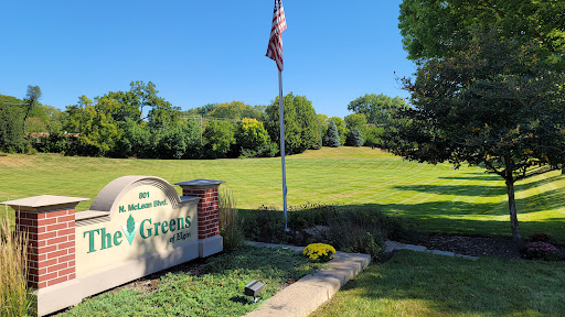 A serene view featuring a flag and a well-maintained golf course under a clear blue sky.