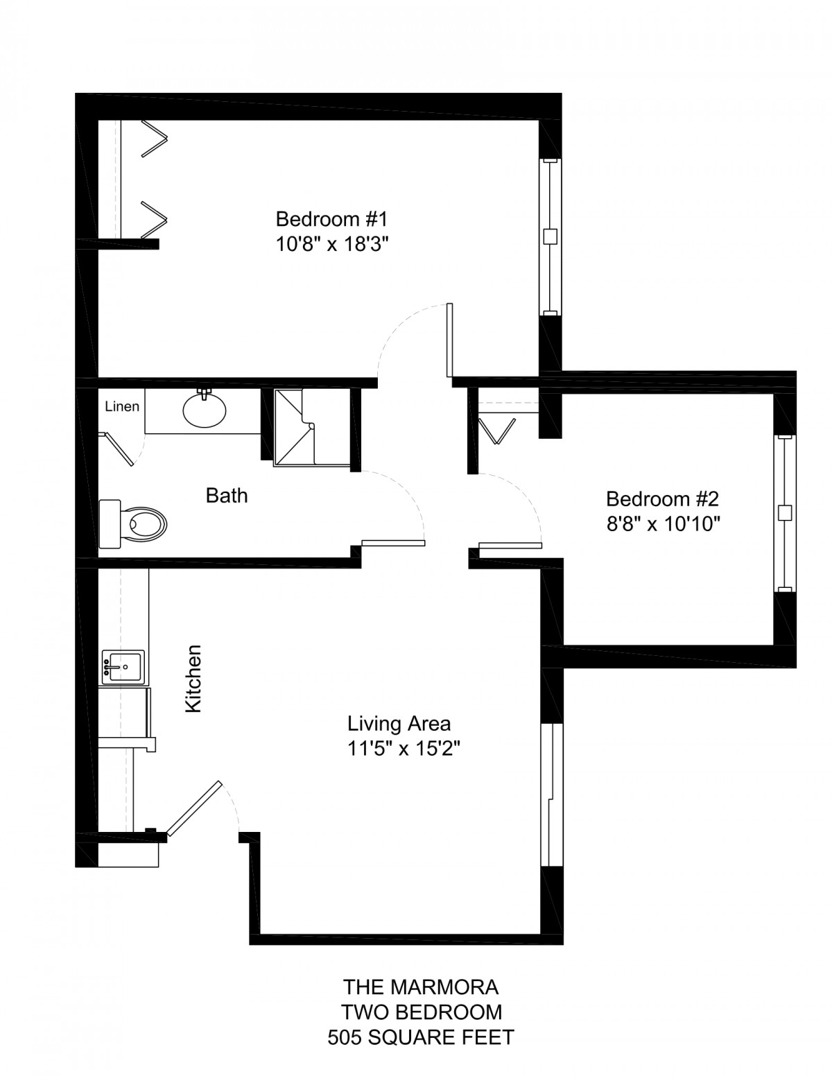A floor plan of a two-bedroom apartment with labeled dimensions for each room, including a living area, kitchen, and bathroom.