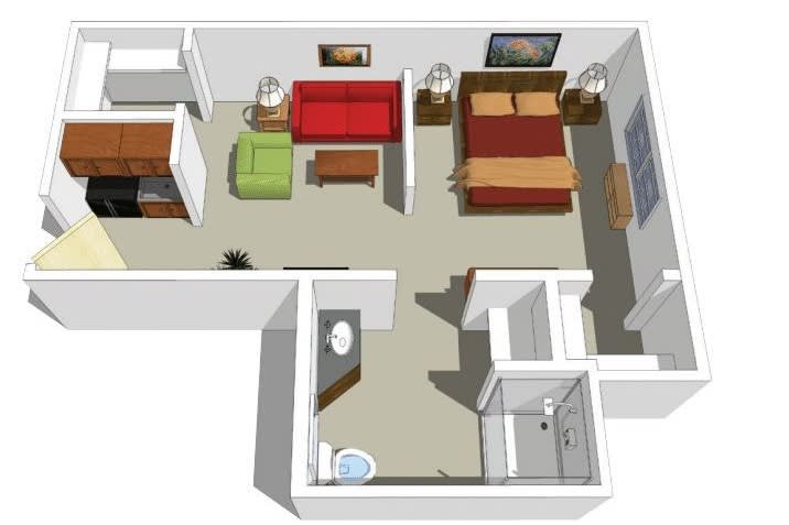 A 3D floor plan of an apartment with a bedroom, living area, and bathroom.
