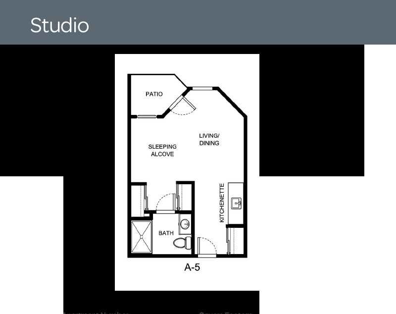 Studio apartment floor plan layout.