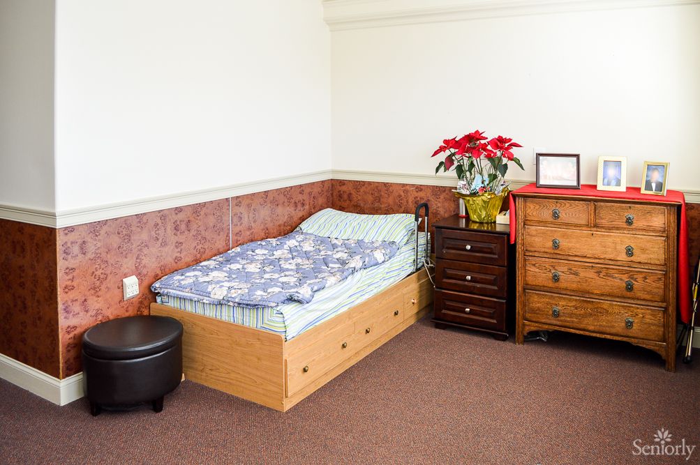 A simple bedroom with a single bed, a decorative poinsettia plant, and a wooden dresser for storage.