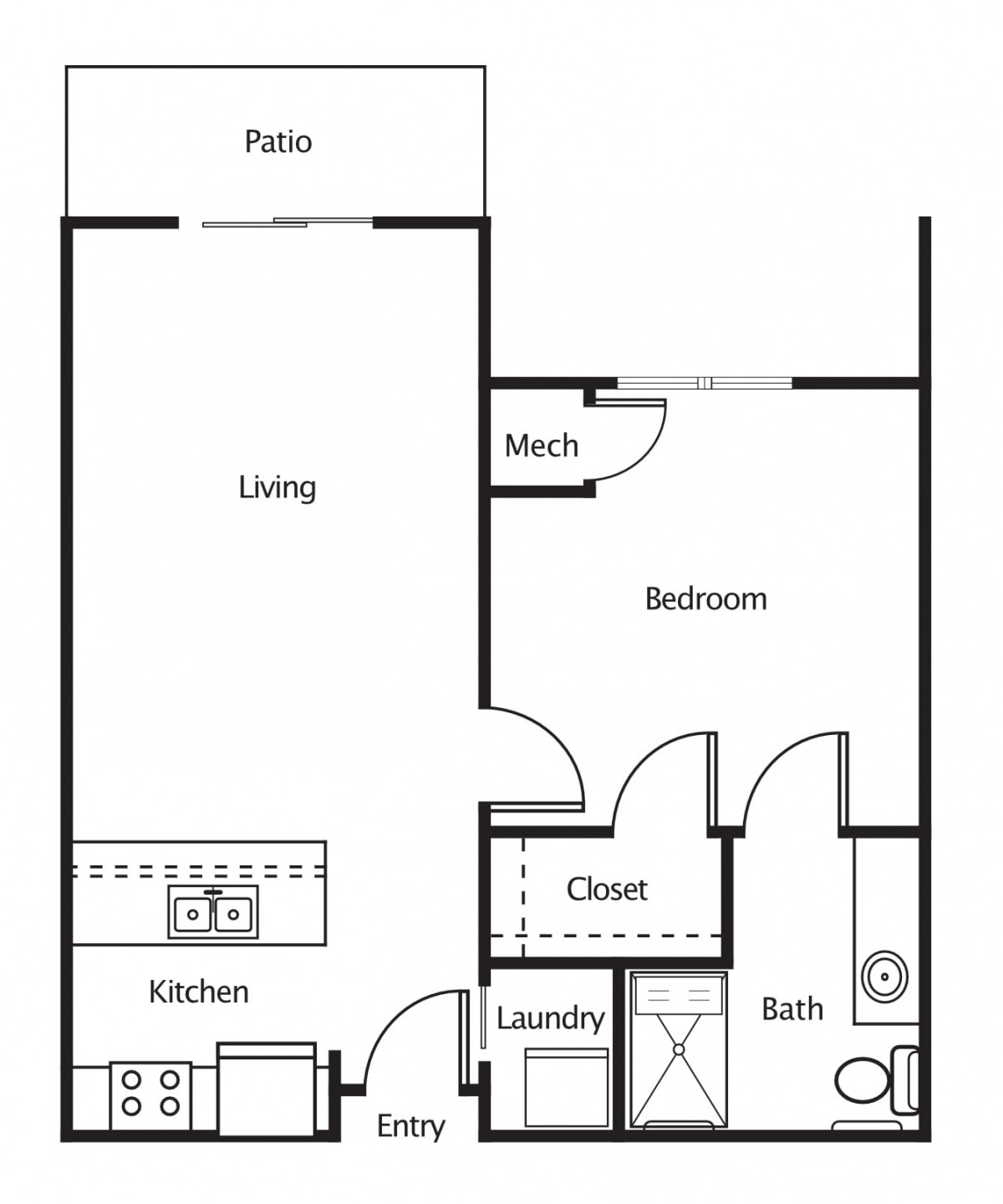 A floor plan depicting the layout of a one-bedroom apartment, including areas for the kitchen, living room, bedroom, bathroom, laundry, and patio.