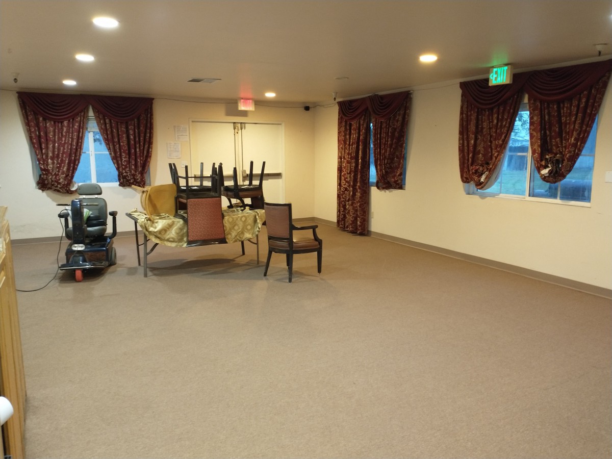 A spacious, carpeted room with various chairs and a table, softly lit with curtains on the windows.