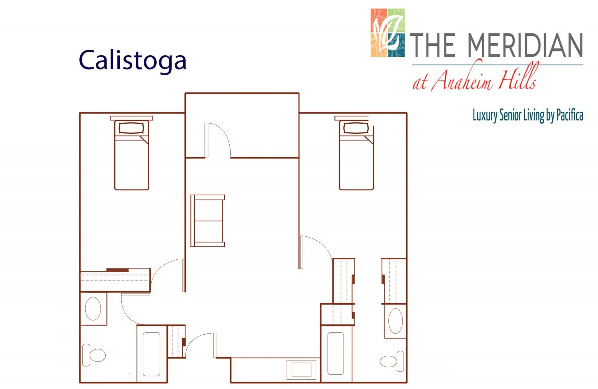 Floor plan of a two-bedroom apartment at The Meadows, labeled 'Calistoga'.