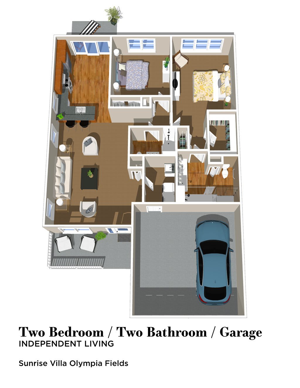 A detailed floor plan of a two-bedroom, two-bathroom apartment with an attached garage.