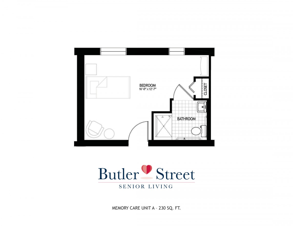 Floor plan of a studio apartment at Butler Street Senior Living.