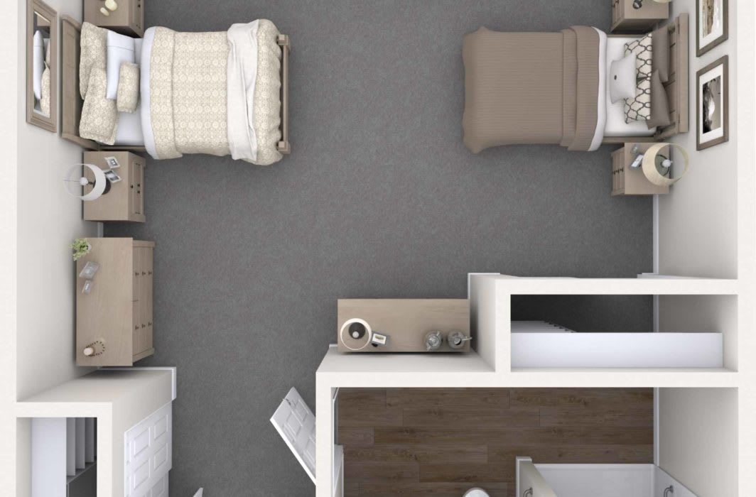Overhead view of a modern bedroom with twin beds and neutral decor.