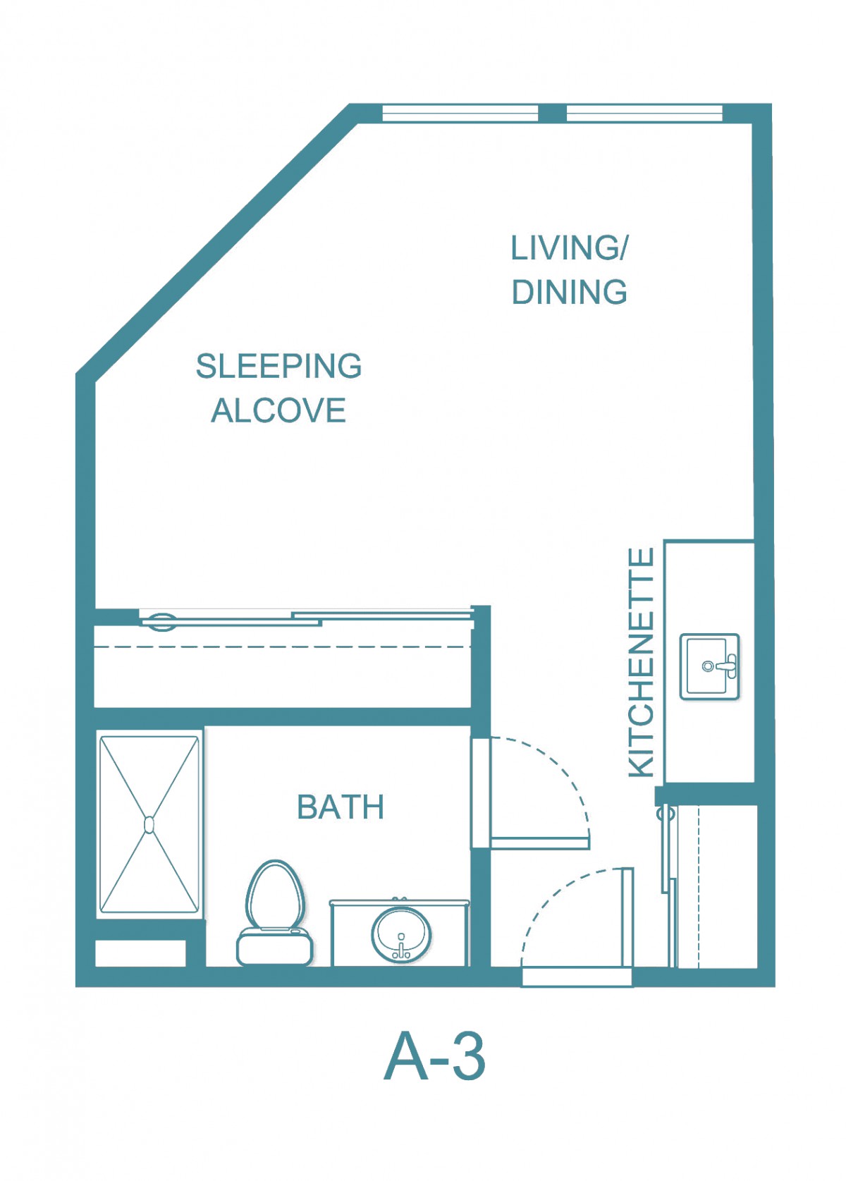 A compact studio apartment floor plan featuring a sleeping alcove, living/dining area, kitchenette, and bathroom.