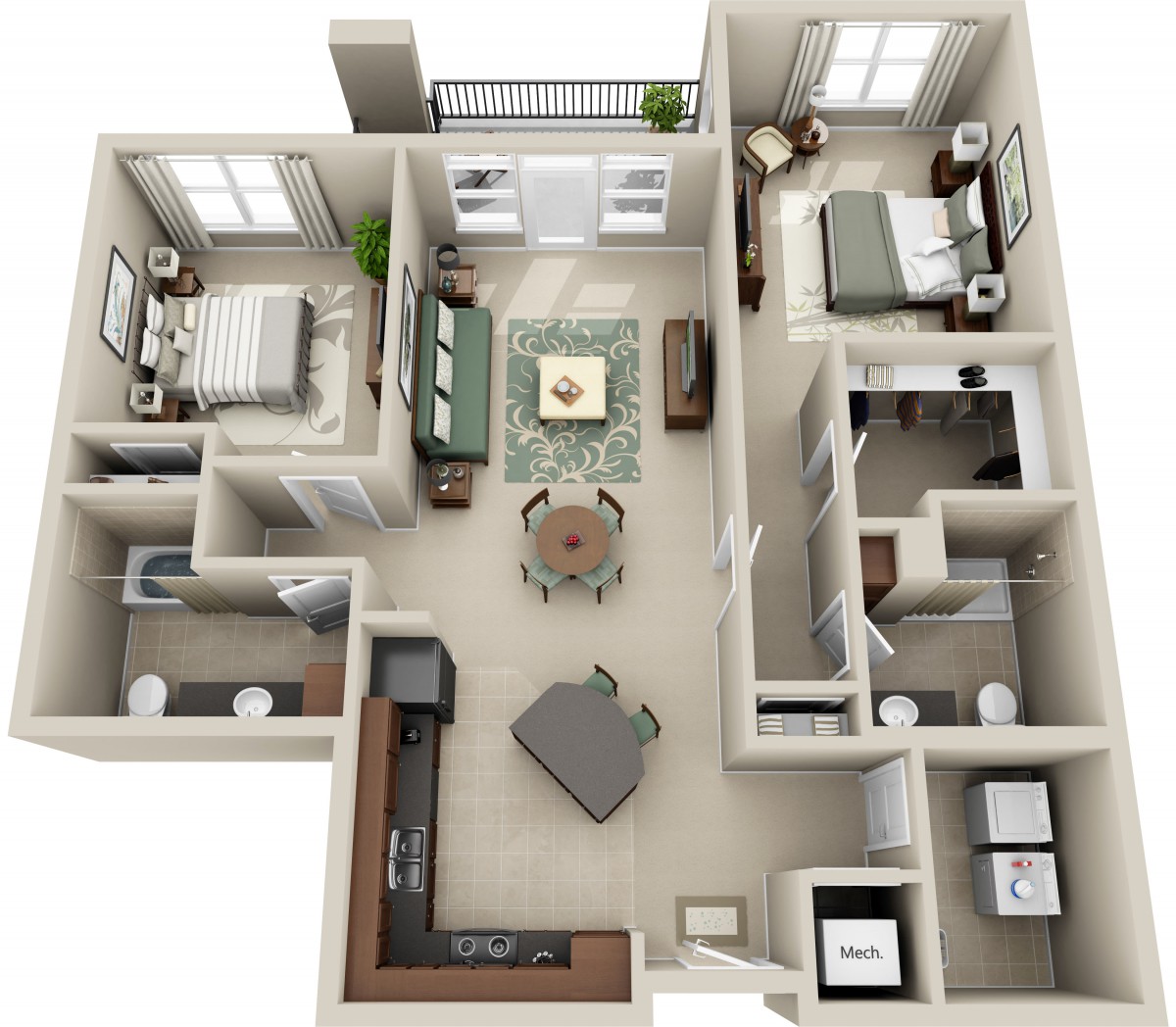 A detailed floor plan of a two-bedroom apartment featuring a living room, kitchen, and bathrooms.