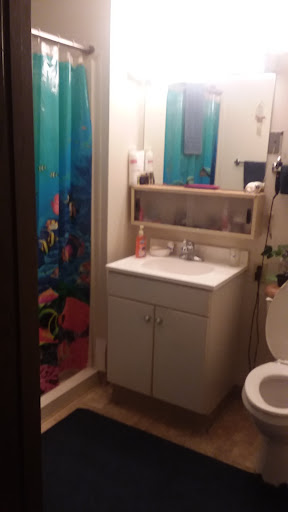 A cozy bathroom featuring a sink, toilet, and a colorful shower curtain.