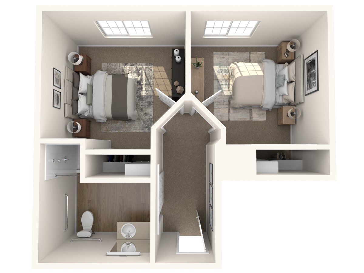 A 3D floor plan featuring two bedrooms and a bathroom.