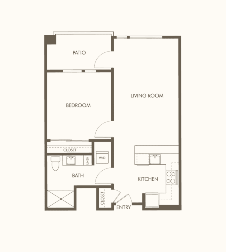 A floor plan showcasing a one-bedroom apartment layout with a living room, kitchen, and bath.