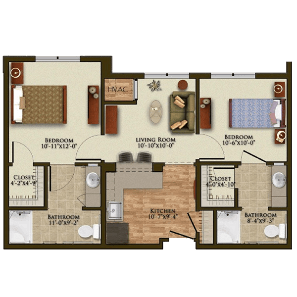 A two-bedroom apartment floor plan with a central living area, kitchen, and two bathrooms.