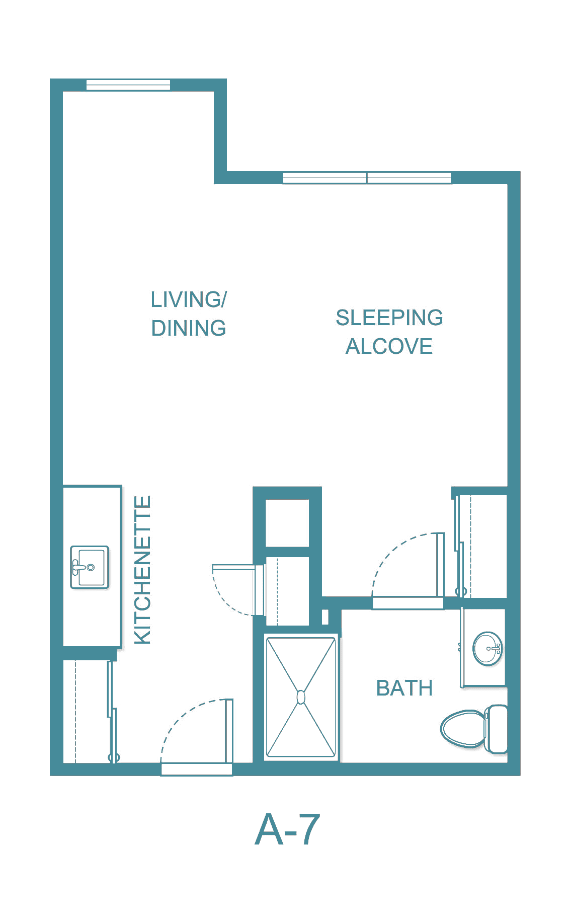 Studio apartment floor plan with a kitchenette, living/dining area, sleeping alcove, and bathroom.