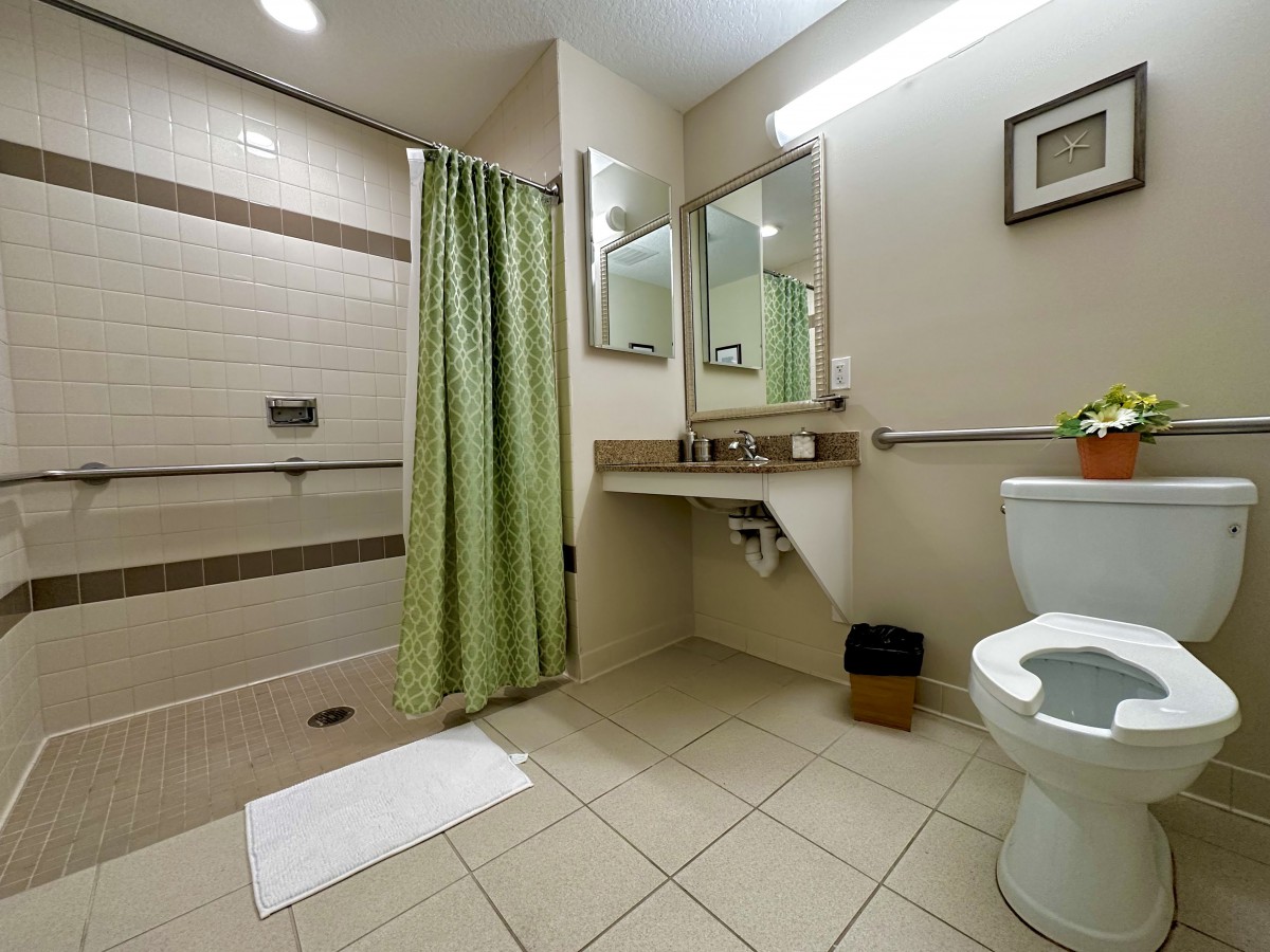 A modern, accessible bathroom with a walk-in shower and green curtain.