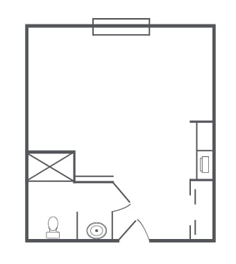 A schematic illustration of an apartment floor plan, featuring a bathroom and kitchen area.