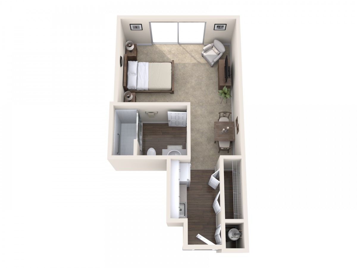 A 3D floor plan of a compact one-bedroom apartment with an open living area.