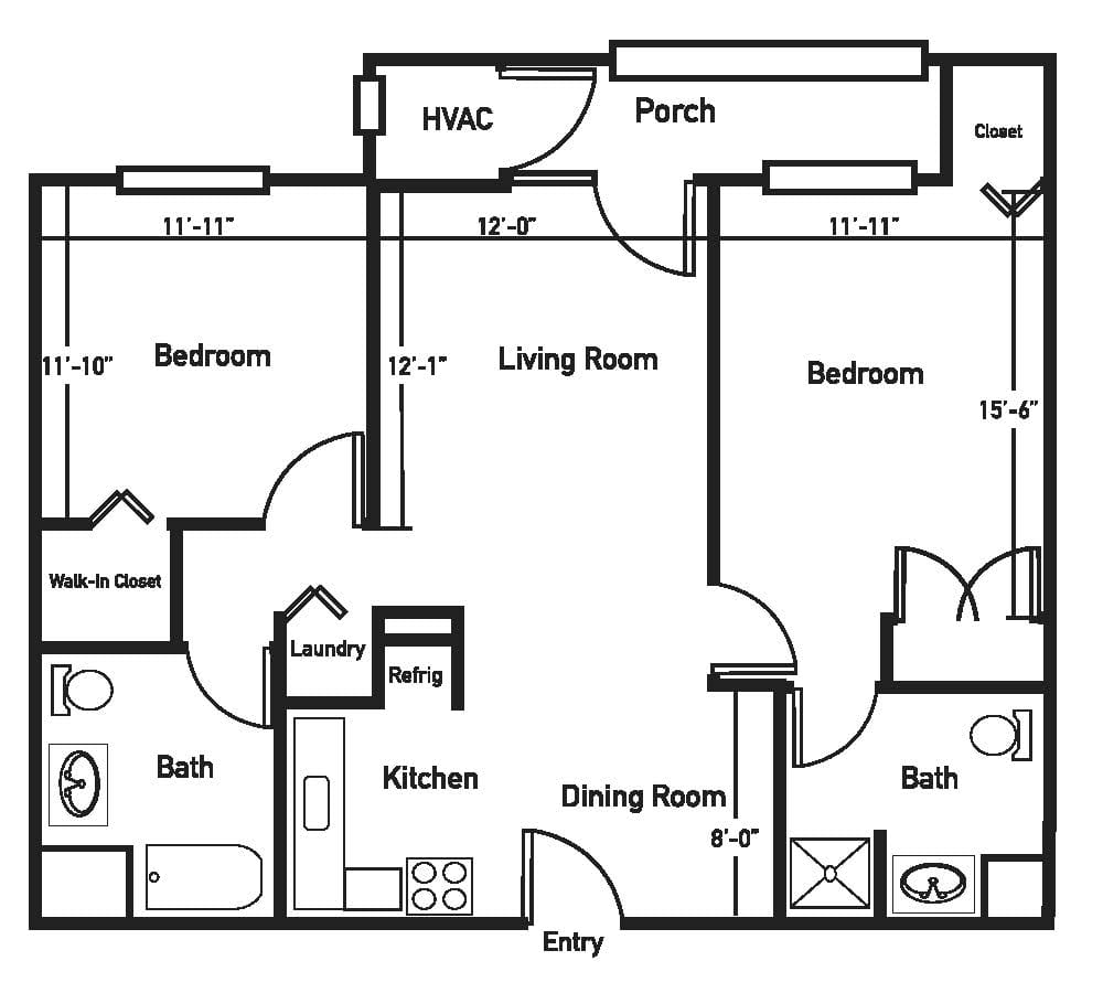A floor plan of a two-bedroom apartment with labeled rooms including living room, kitchen, dining room, and bathrooms.