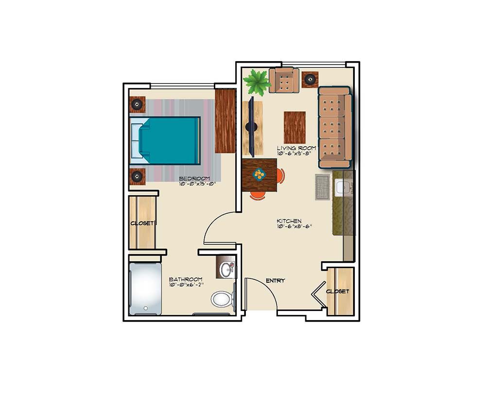 A one-bedroom apartment floor plan with living room, kitchen, and bathroom layout.