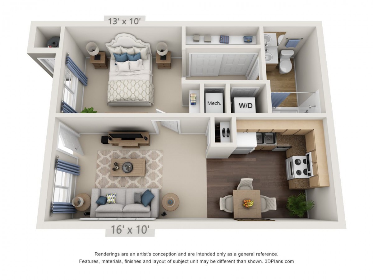 A detailed 3D floor plan of a one-bedroom apartment featuring a living room, kitchen, dining area, and bathroom.