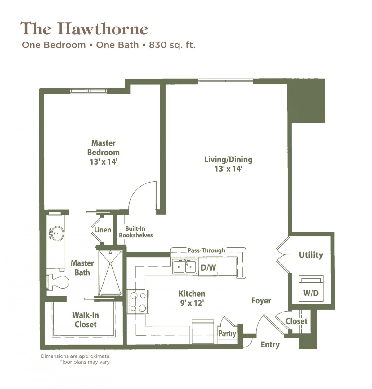 The Hawthorne one-bedroom, one-bathroom apartment floor plan.