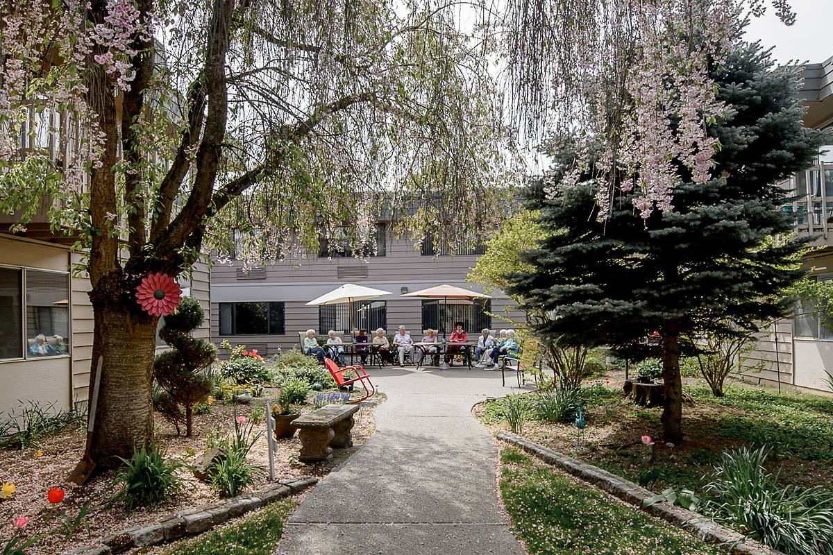 A scenic garden with a curving pathway, surrounded by trees and flowers, leading to an outdoor seating area with umbrellas.