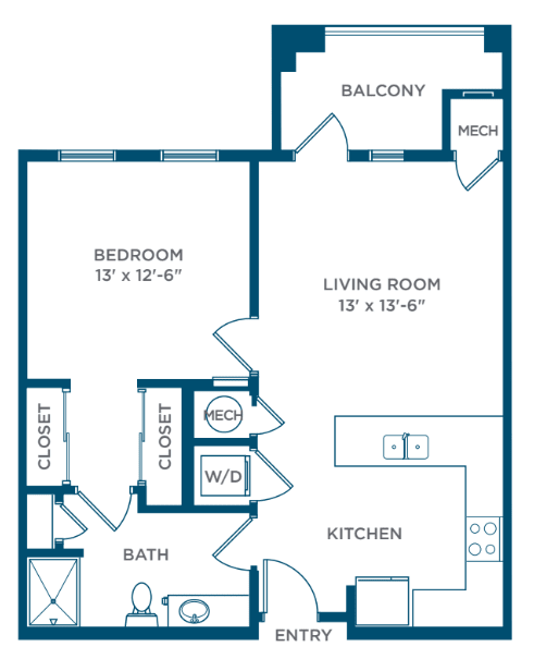 This is a floor plan of a one-bedroom apartment featuring a living room, kitchen, bathroom, and balcony.