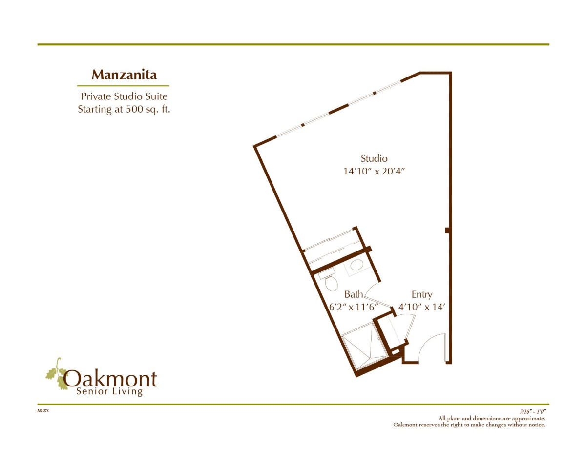 Floor plan of a studio apartment with room dimensions.