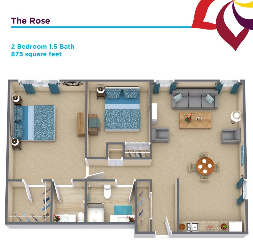 A floor plan of The Rose apartment featuring 2 bedrooms and 1.5 bathrooms, covering 875 square feet.