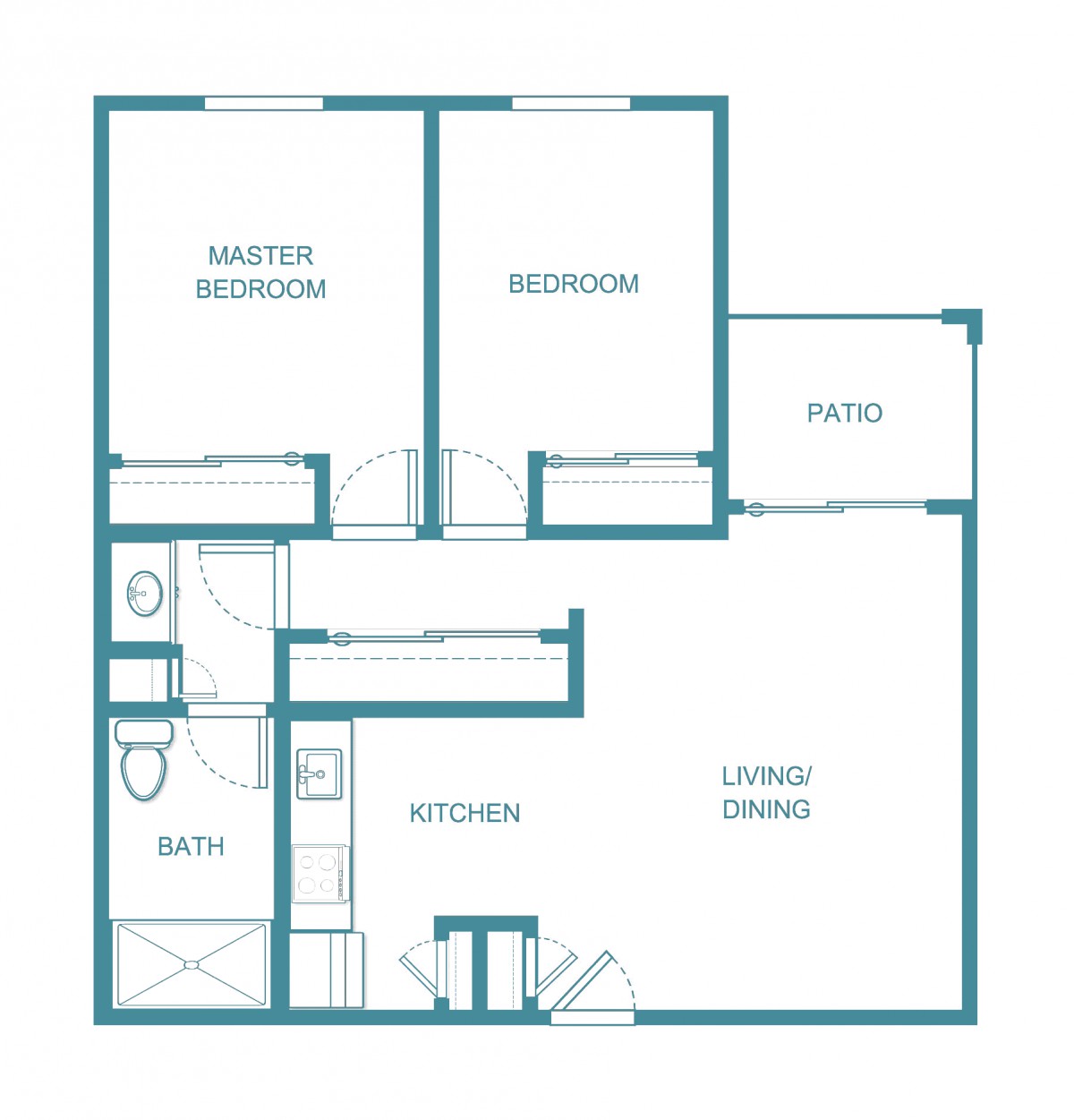 A floor plan of a two-bedroom apartment with a kitchen, bathroom, living room, and patio.