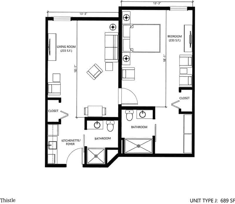 A floor plan of a two-bedroom apartment with labeled rooms and furniture layout.
