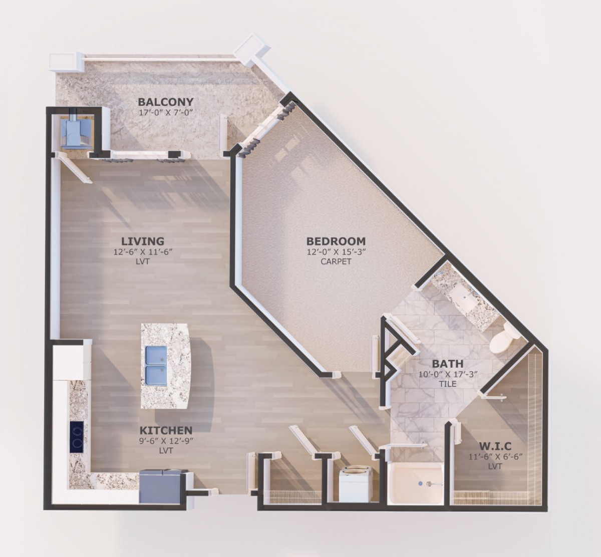 A modern apartment floor plan featuring an open living area, bedroom, bathroom, and balcony.