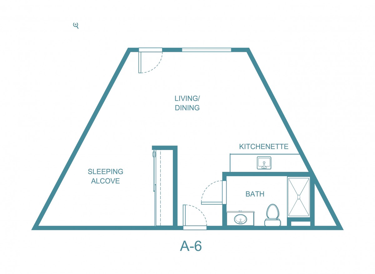 A floor plan featuring a triangular apartment with designated spaces for living, dining, sleeping alcove, kitchenette, and bath.