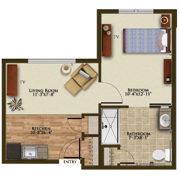 A one-bedroom apartment floor plan with an open living area, kitchen, and bathroom.
